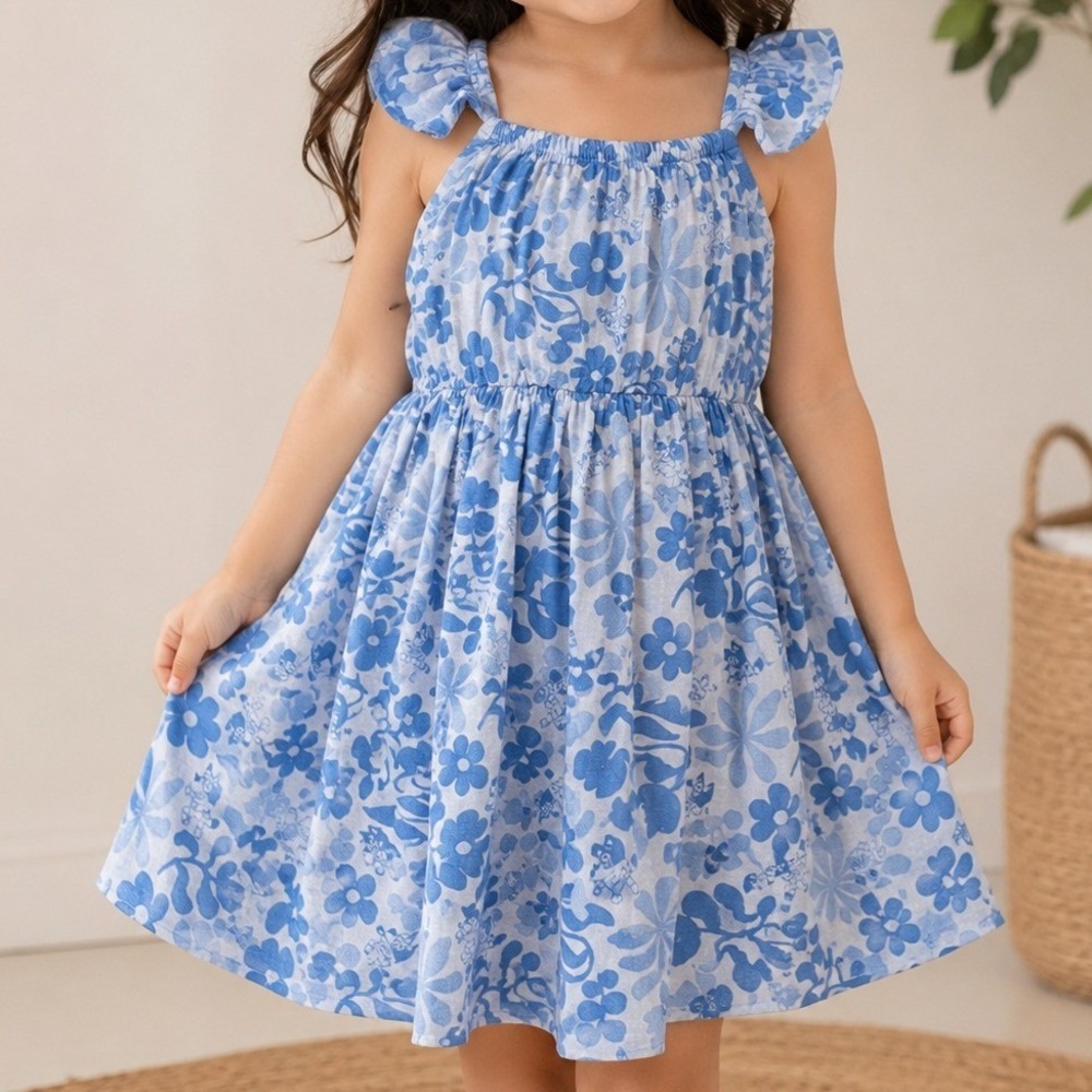 Bluey Girls Blue‎ Floral Cotton Gauze Flutter Sleeve Sundress Size 8 Medium